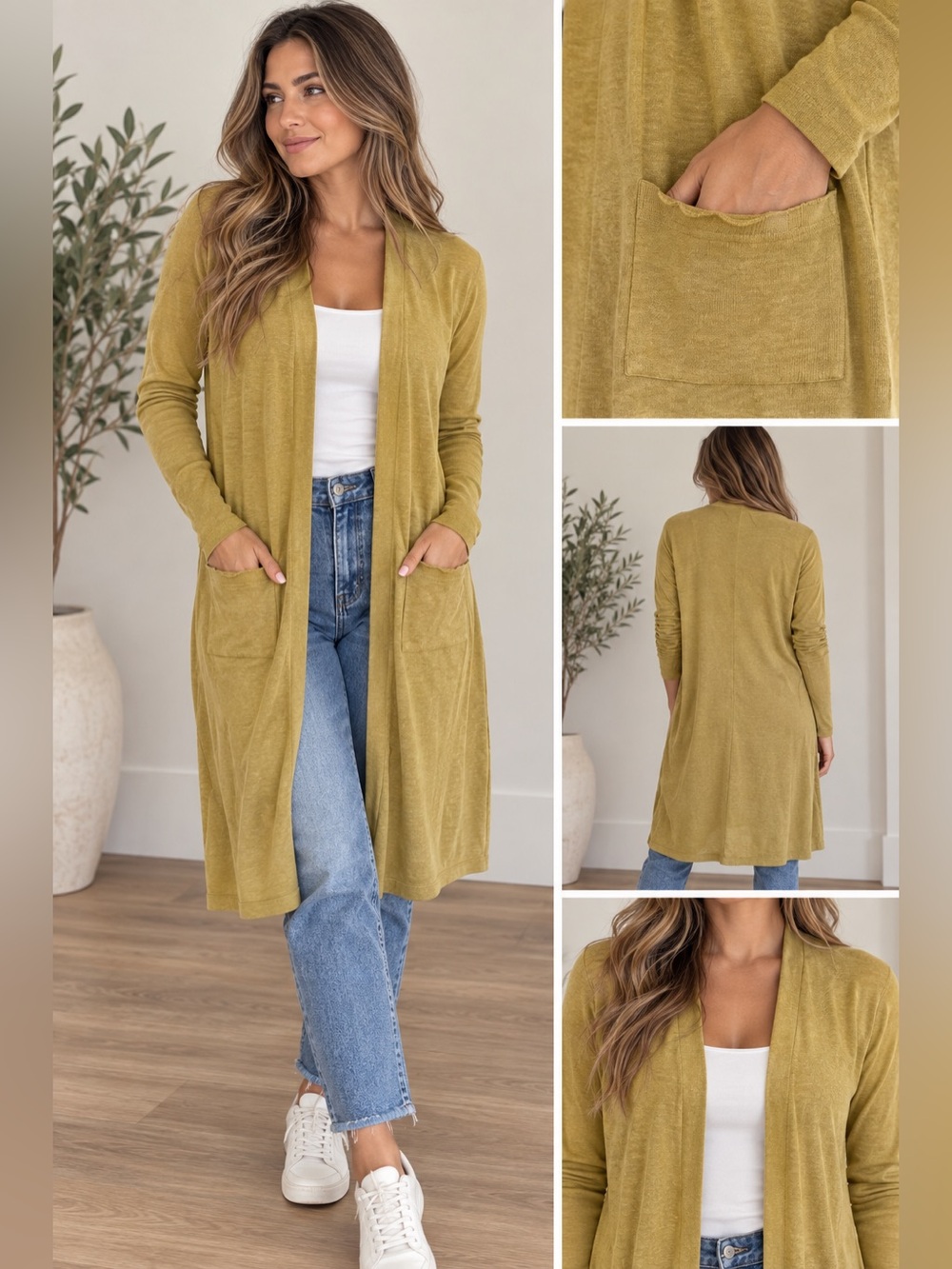 Abound Mustard Long Open Front Cardigan Lightweight Knit Sweater Patch Pockets L